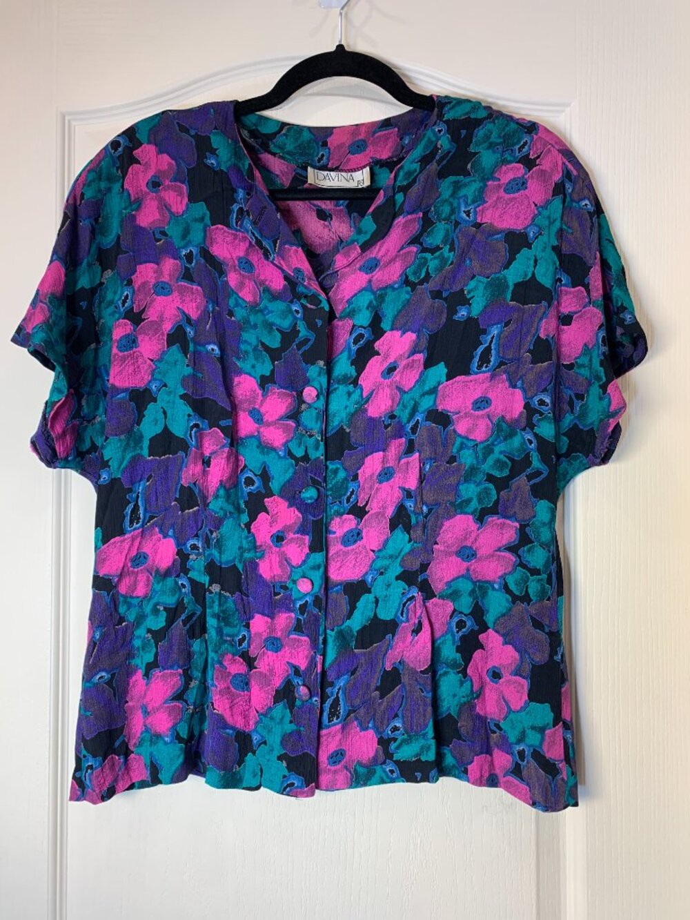Davina Vintage Floral Blouse Women’s Size 6‎ Rayon Covered Buttons 90s Colorful